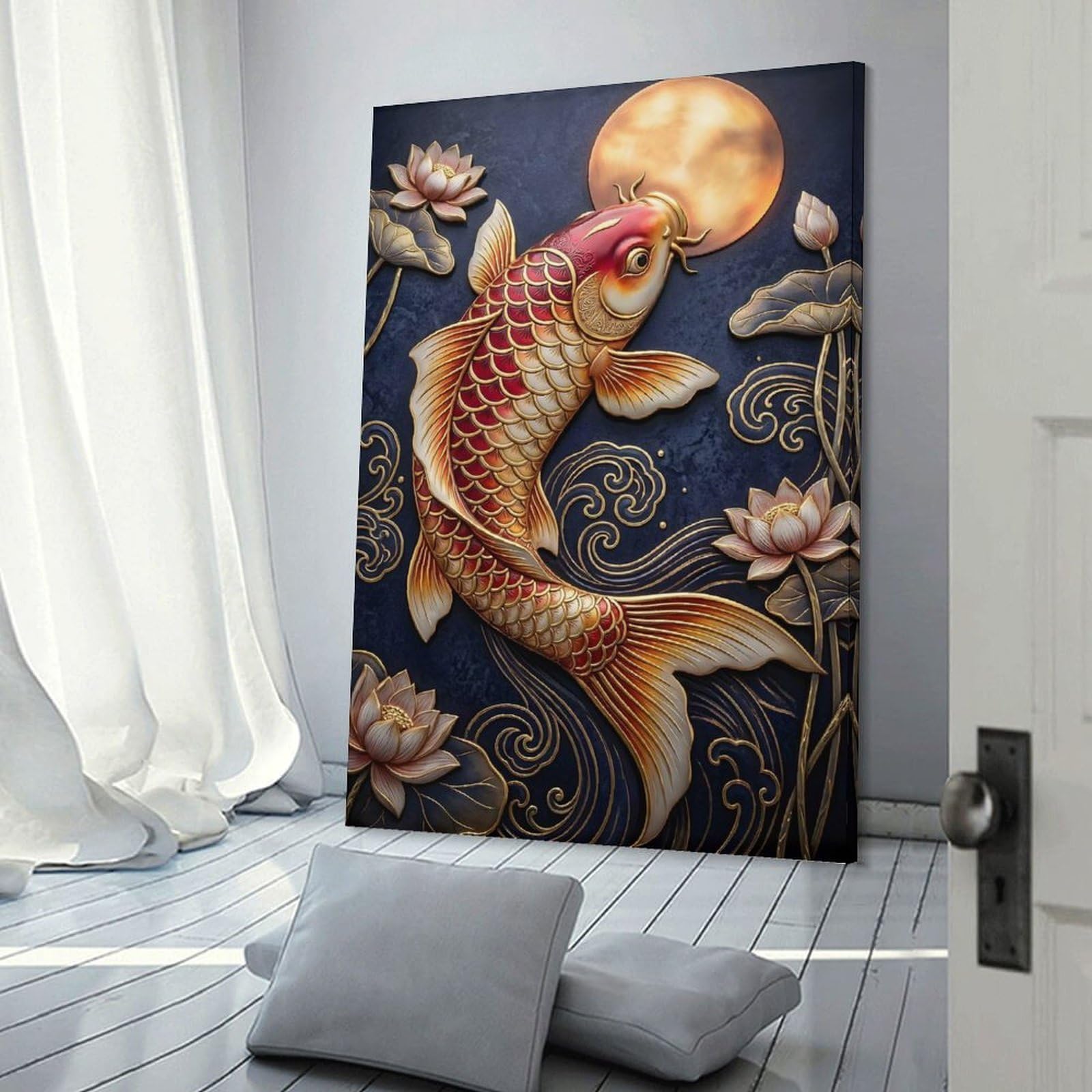 Junmoney Koi Fish And Lotus Flowers Wall Art Print, 20x30inch(50x75cm), for Wall Displays, Bedrooms Or Room Updates, A Versatile Canvas Print for Layering