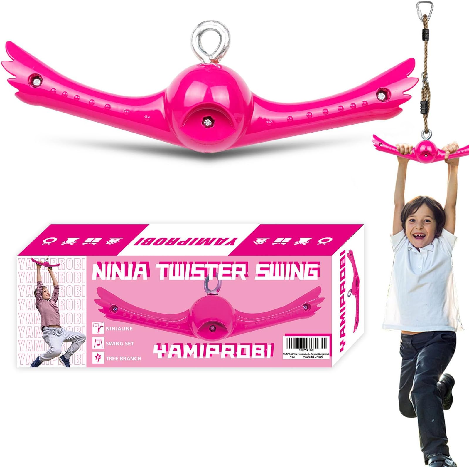 Ninja-Twister Swing Spins Set: Slackline Attachments - 360ยฐ Handle Twist-Spin Flips Toy Activate Ninja Powers - Ninja Warrior Accessories - Kids Ninja Hang Toys for Playground Backyard,Pink