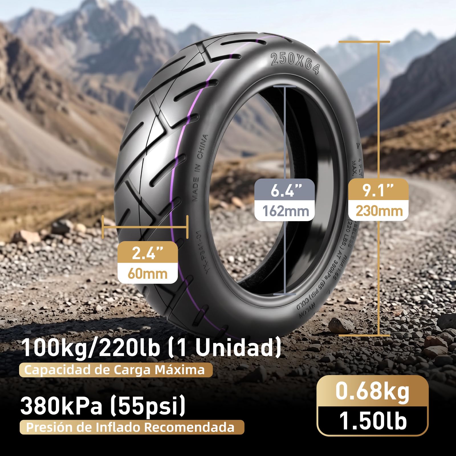 250 x 64 CST - Neumático auto-reparable para patinete eléctrico Xiaomi 4 Ultra - 10" - Neumático de repuesto con adhesivo Live - Aspirador sin cámara de aire delantera/trasera - Con boquilla