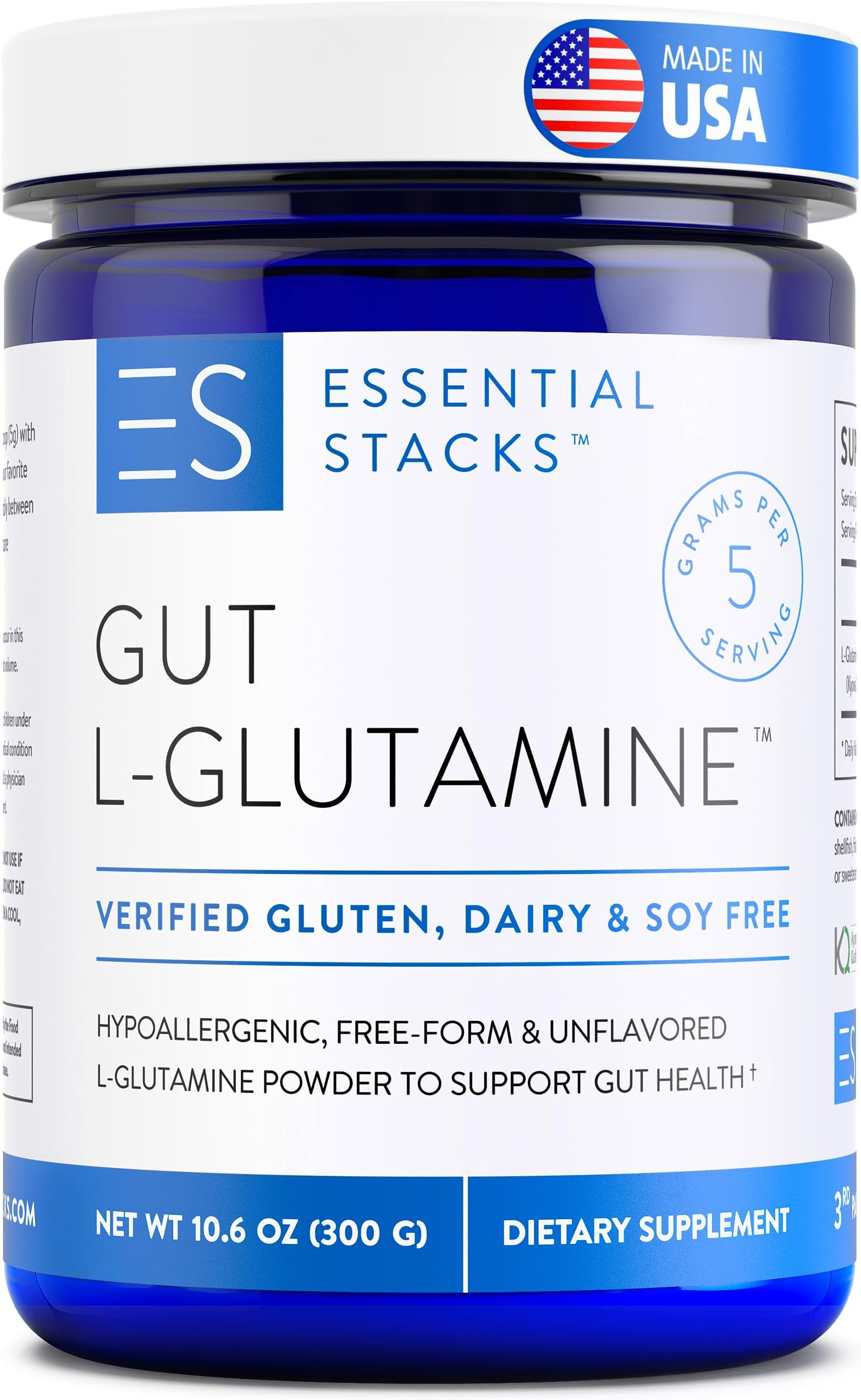 Essential Stacks Gut L-Glutamine Powder - Made in USA - Pure L Glutamine Powder for Leaky Gut, Bloating & Gut Health - Dairy, Soy & Gluten Free, Non-GMO, Vegan Glutamine Supplement