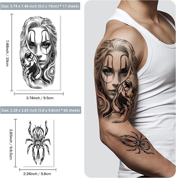 77 Sheets Temporary Tattoos, Chicano Large Fake Tattoos Chicano Guadalupe Gangster Prisoner Day of the Dead, Lowrider Style Culture Mexico Clown Fake Tattoo Stickers for Men Women Adults