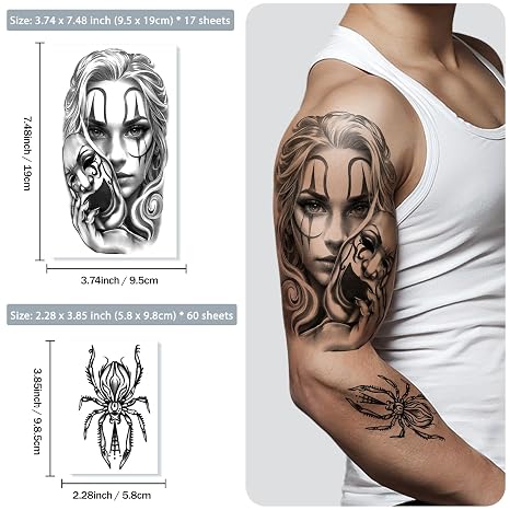 77 Sheets Temporary Tattoos Chicano Large Fake Tattoos Chicano Guadalupe Gangster Prisoner Day of the Dead Lowrider Style Culture Mexico Clown Tattoo Sticker for Men Women Adults