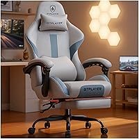 GTPLAYER Gaming Chair with Footrest, Pocket Spring Cushion, Ergonomic Lumbar Support & Headrest - Moon Gray Back Pain Relief