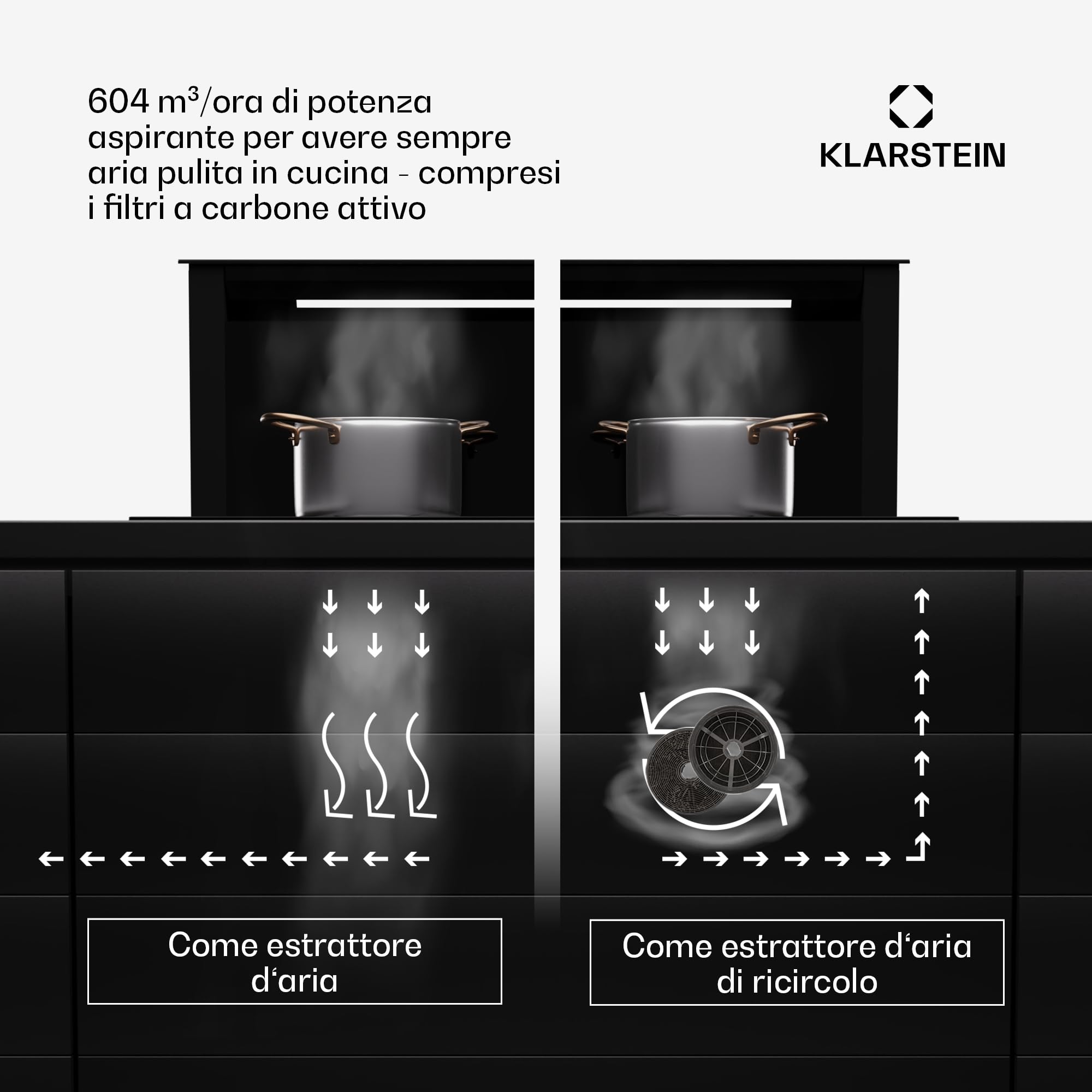 Klarstein Cappa Aspirante Downdraft 75 cm, 2 in 1, Flusso d'Aria 576 m³/h, Controllo Touch, 3 Velocità, Luci LED, Timer, Design Moderno per Cucina, Alta Efficienza e Silenziosa