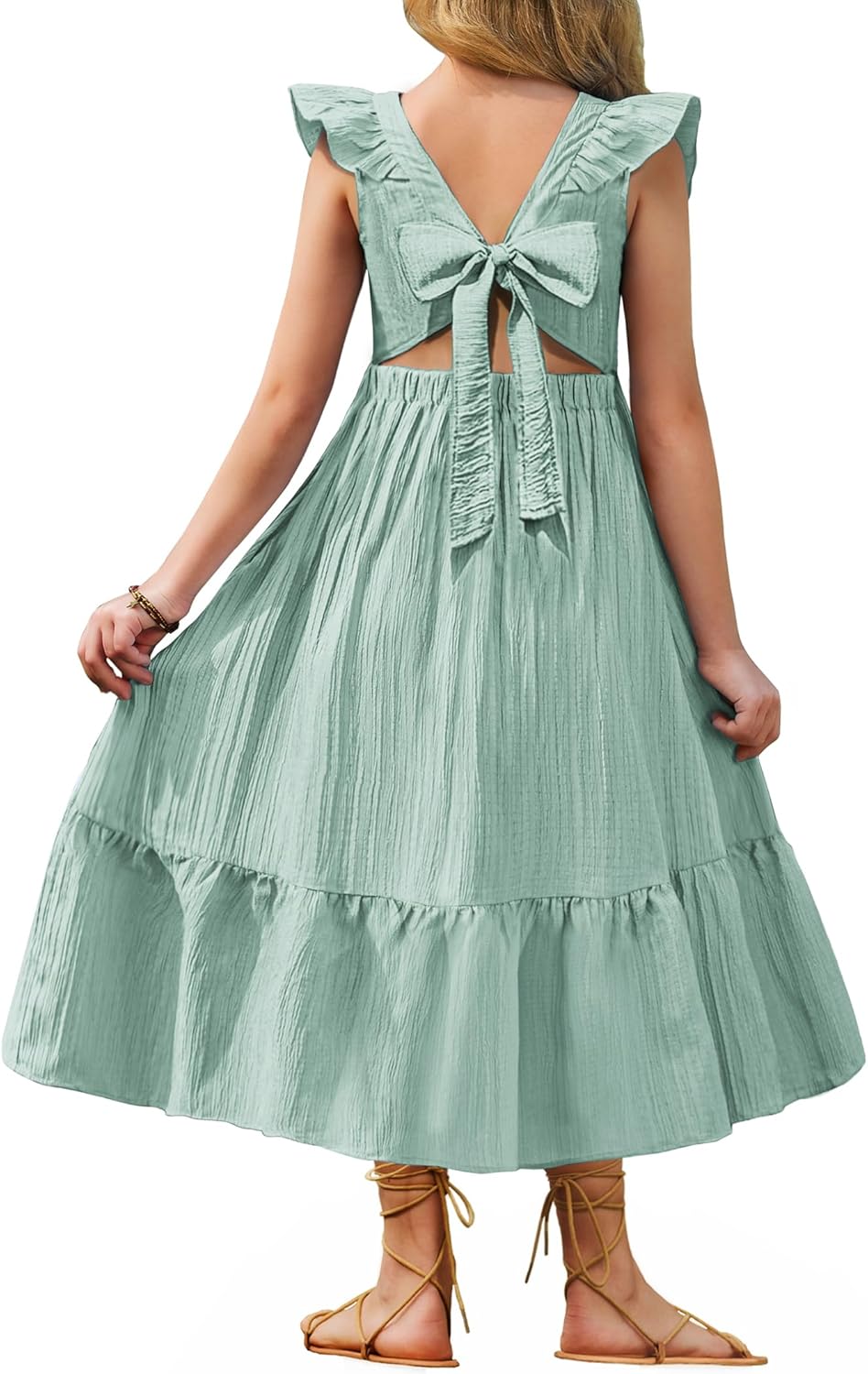 Arshiner Girls Summer Tie Back Dress Tween Boho Casual Square Neck Flutter Sleeve Maxi Dresses with Pockets