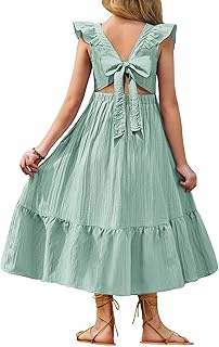 Girls Summer Tie Back Dress Tween Boho Casual Square Neck Flutter Sleeve Maxi Dresses with Pockets - Buy now