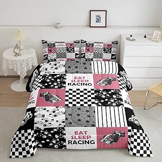Pink Race Car ComforterÂ Set Racing Cool Speed BeddingÂ ComforterÂ Sets Extreme Car Sports Bedding Full for Girls Youth, Race Geometry Checkered Patchwork Theme DownÂ Comforter with 2 Pillowcases