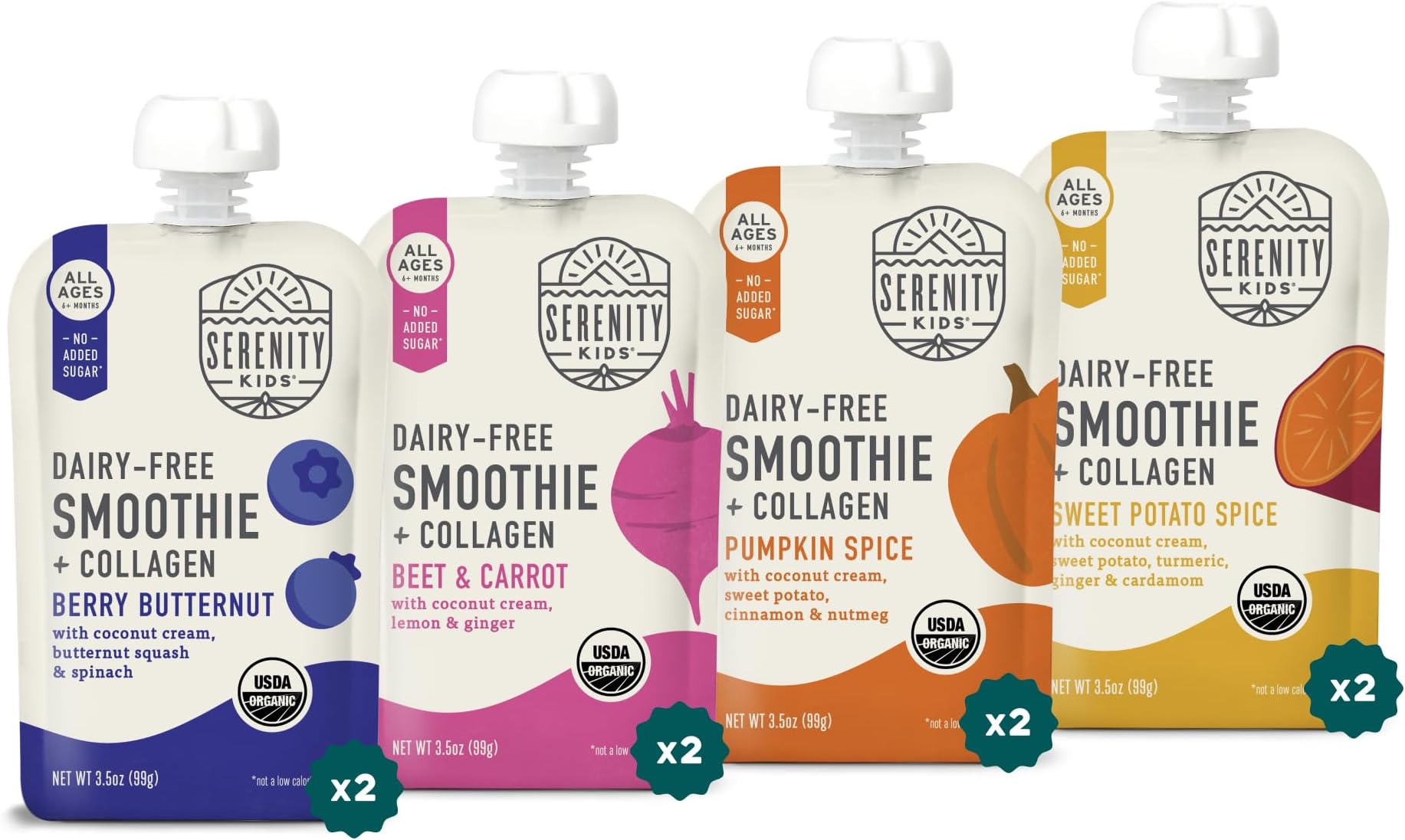 6+ Months Dairy Free Smoothie Baby Food Pouches - Protein Snack Pouches with Grass-Fed Collagen & Healthy Fats - USDA Organic Baby Food with No Added Sweeteners - 3.5 Fl Oz, Pack of 8