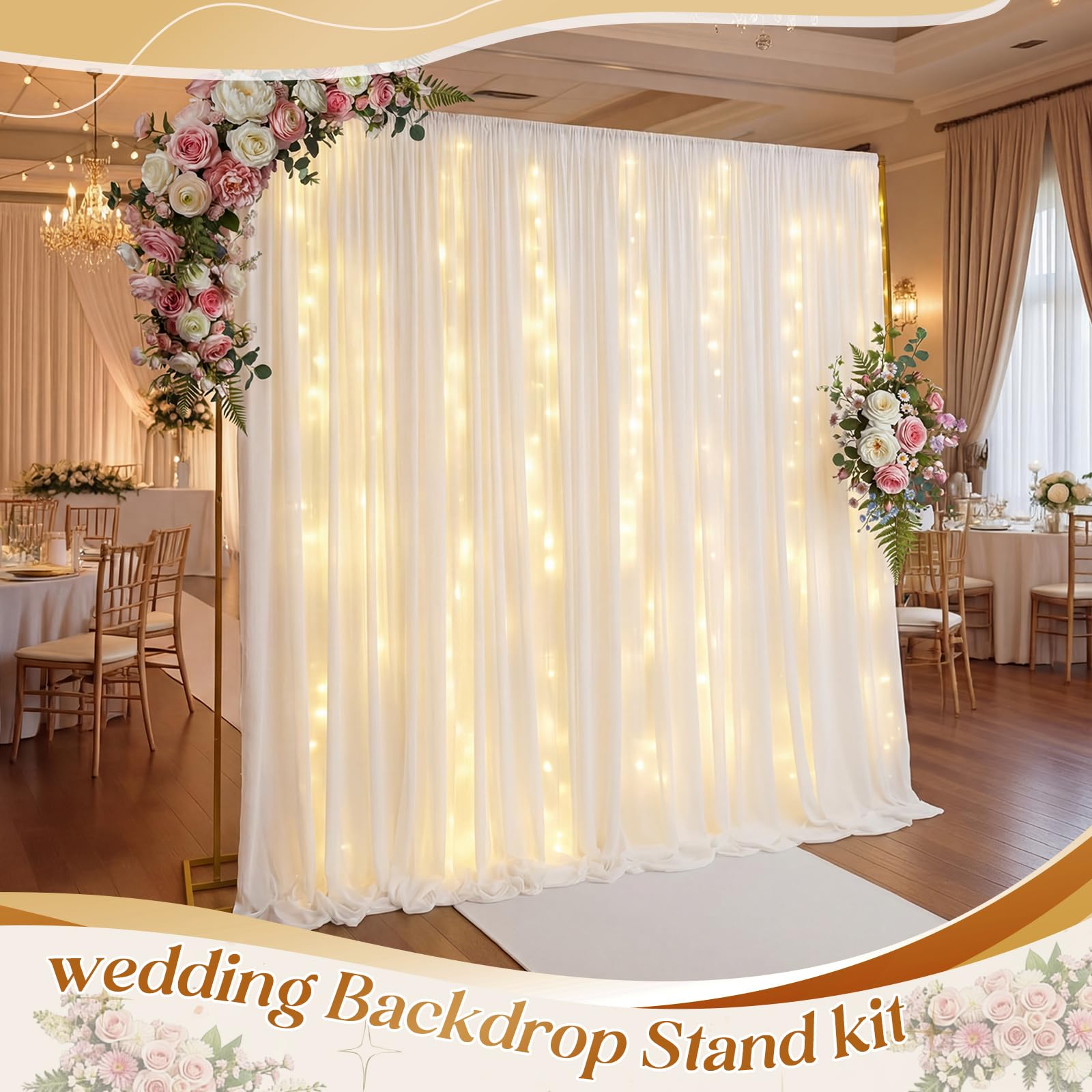 Fumete Soporte de telón de fondo dorado de 8 x 8 pies con cortina y kit de luces LED, cortina de 5 x 10 pies, 2 paneles con bolsillos para barra y cadena de luces ajustables para boda, fiesta de