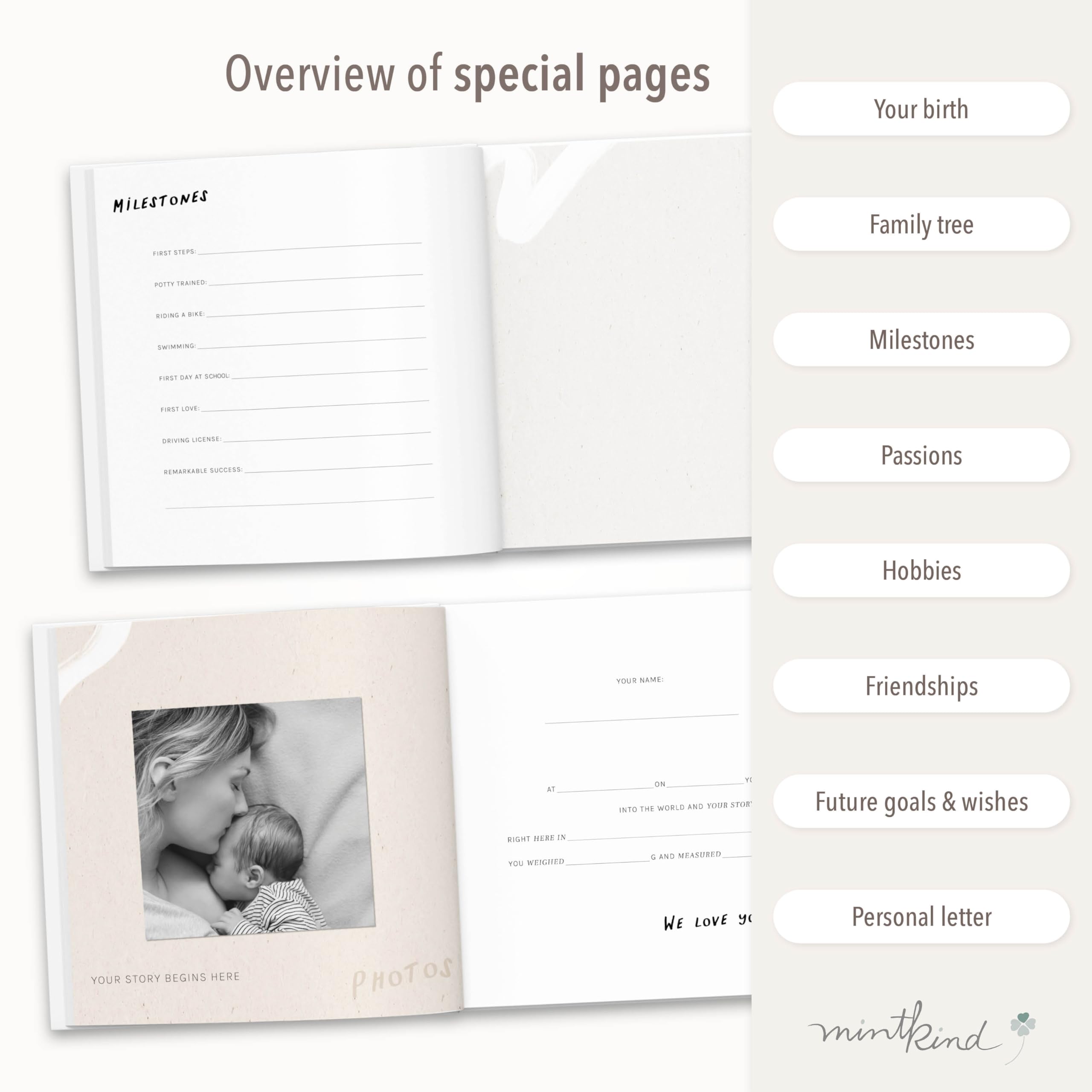 mintkind Baby Memory Journal – 18-Year Milestone Keepsake Book in Sage Green Linen, Baby Gift Photo Album with Thick Paper and Easy Yearly Entrie
