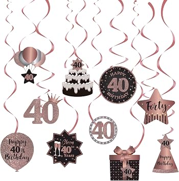 Happy 40th Birthday Party Hanging Swirls Streams Ceiling Decorations, Celebration 40 Foil Hanging Swirls with Cutouts for 40 Years Rose Gold Birthday Party Decorations Supplies