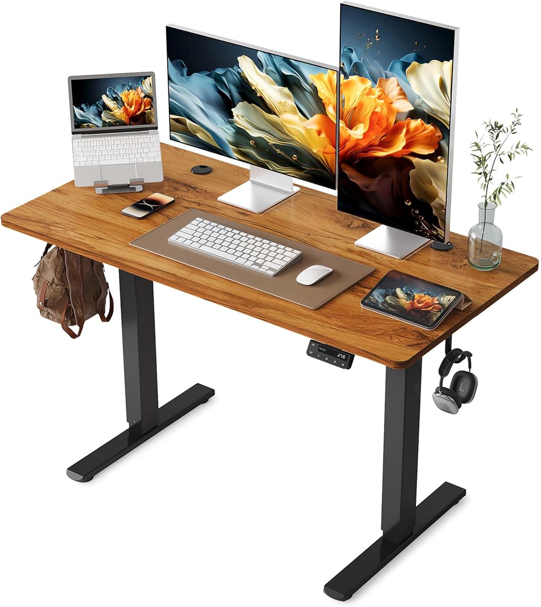 YIHAYO Electric Standing Desk, 48 x 24 Inches Stand Up Desk with Splice Board, Adjustable Height Desk, Computer Desk for Home Office, Black Frame/Rustic Brown Top
