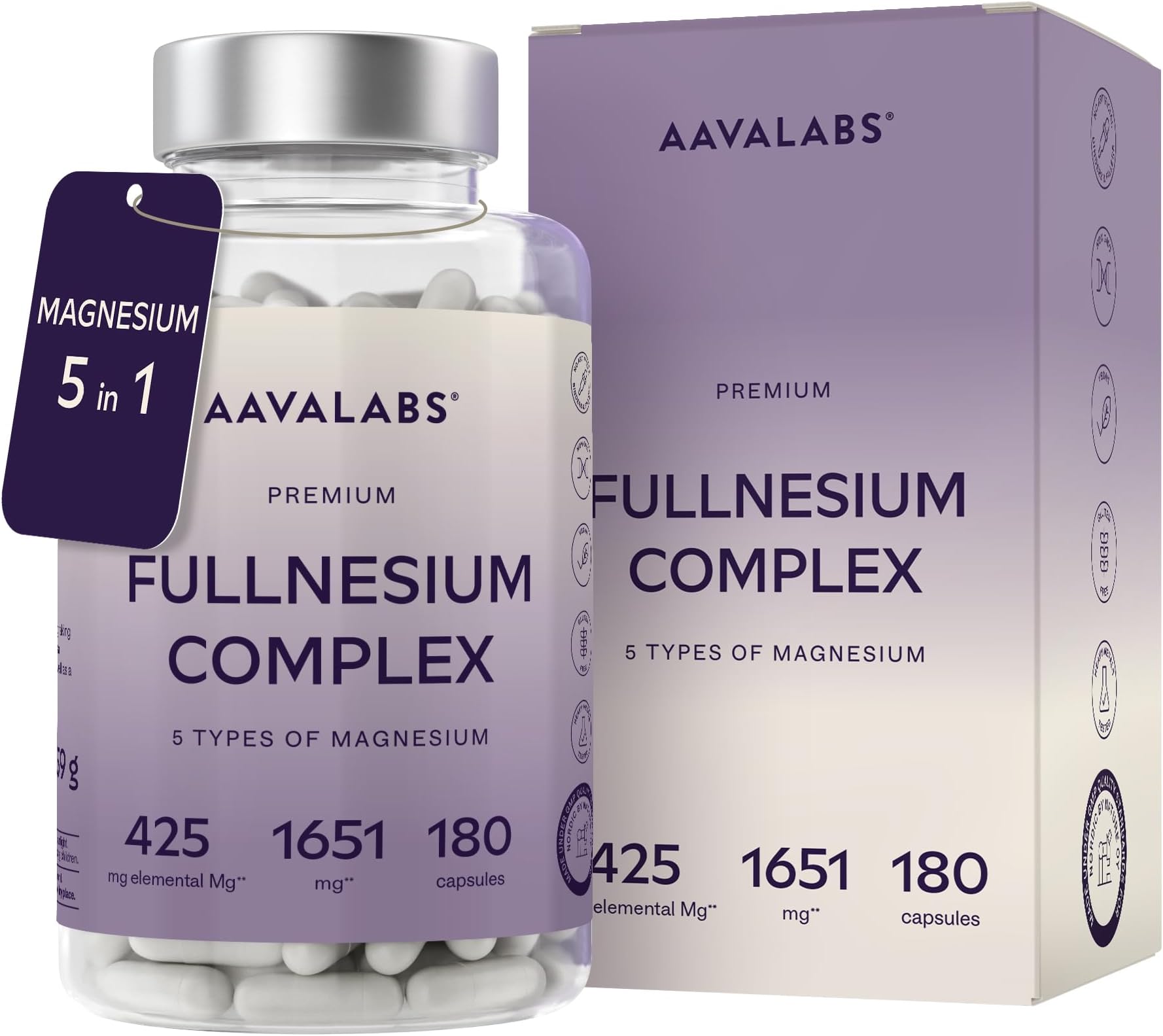 High Strength Magnesium Supplements for Women and Men -1575mg per Daily Dose (425mg Elemental) - Chelated Magnesium Glycinate, Citrate, Malate, and Oxide - 180 Capsules - Vegan