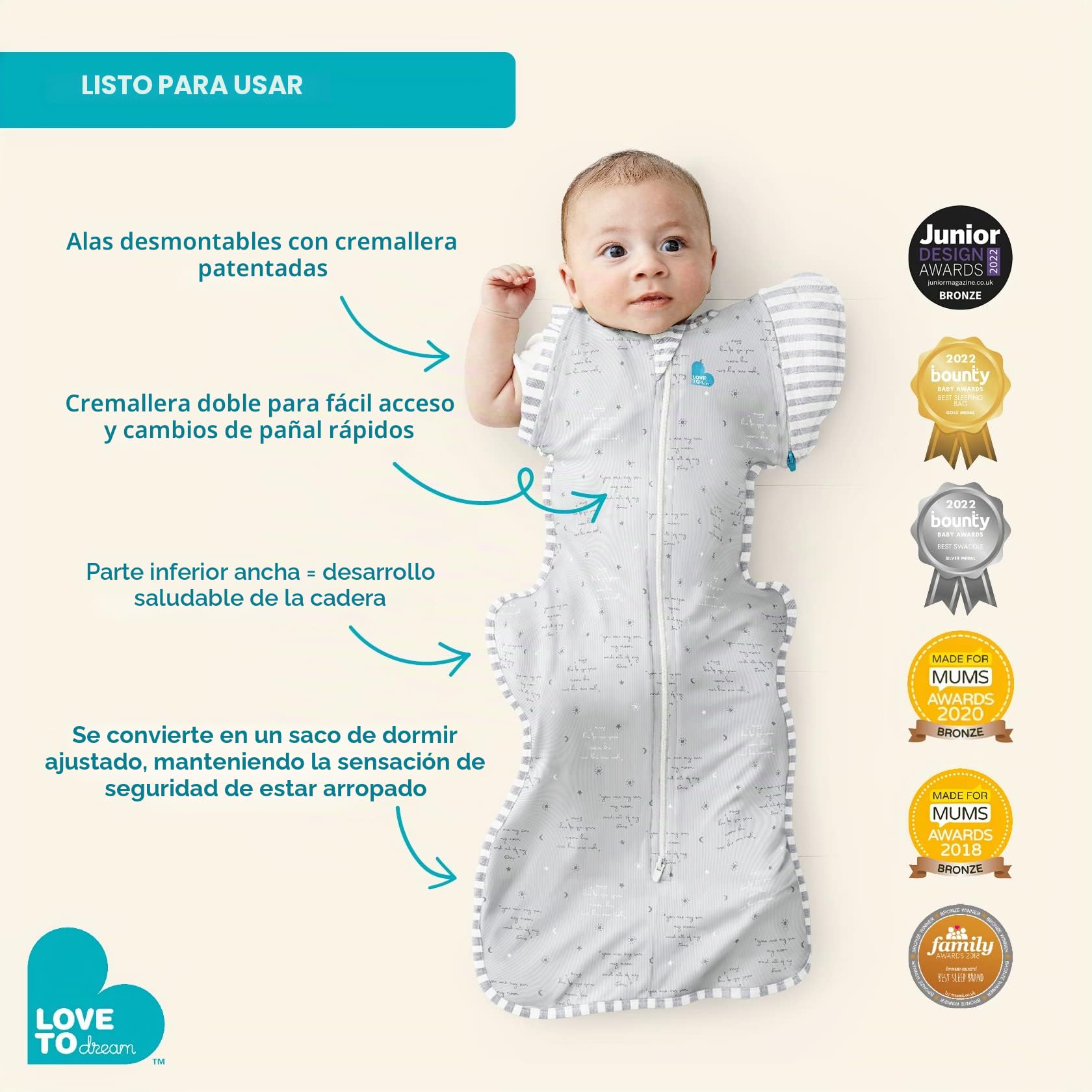 Love To Dream Swaddle Up - Bolsa de transición original, grande (8,5-11 kg), edredón integrado para temperaturas frías (16-20 °C), alas patentadas con cremallera, transición suave de envolver a dormir