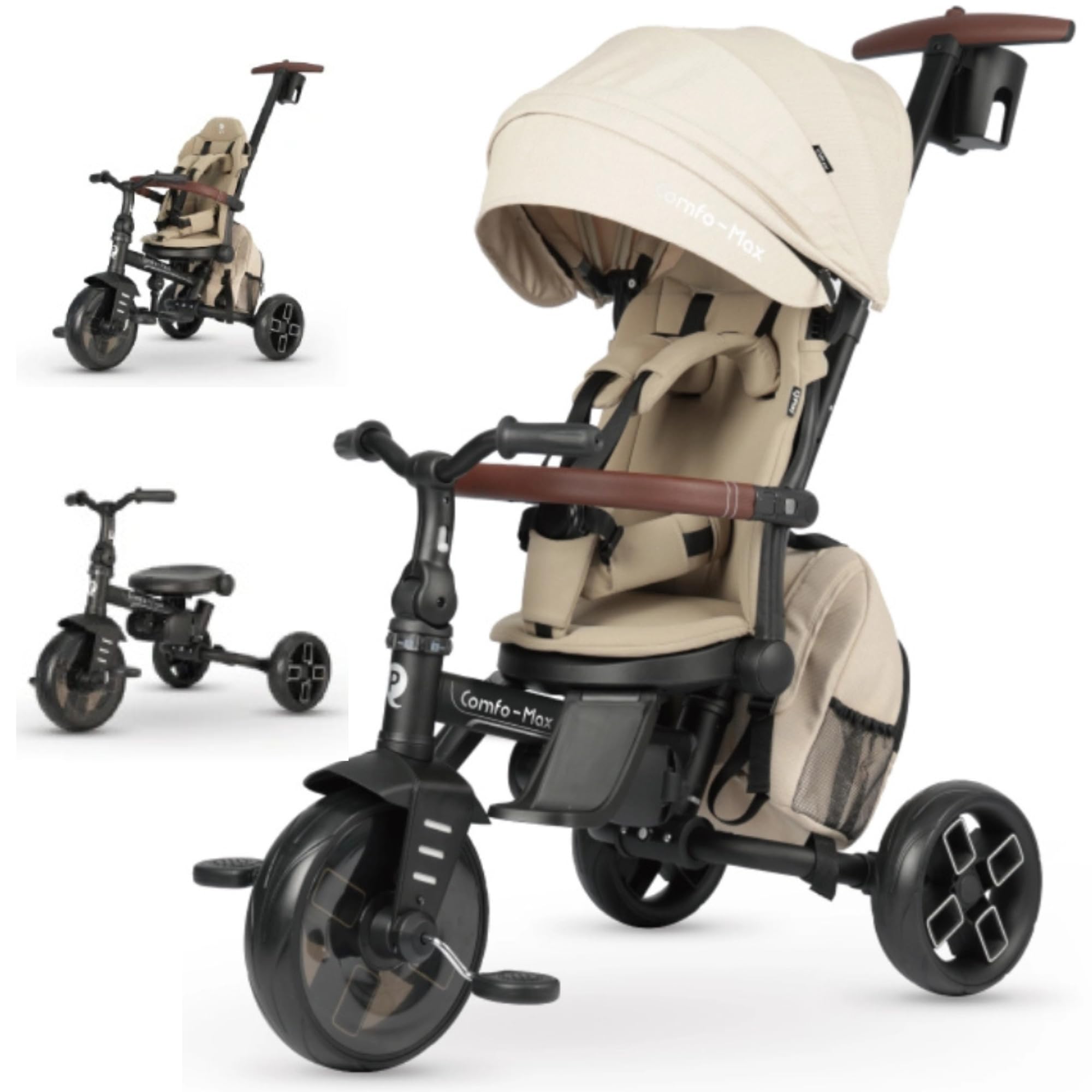 Qplay Triciclo Evolutivo COMFO MAX 6 en 1 Negro | Triciclo Bebe 1 Año Plegable de Aluminio con Asiento 360º, Reclinable y Capota – para Bebés de 10 a 72 Meses (Beige)