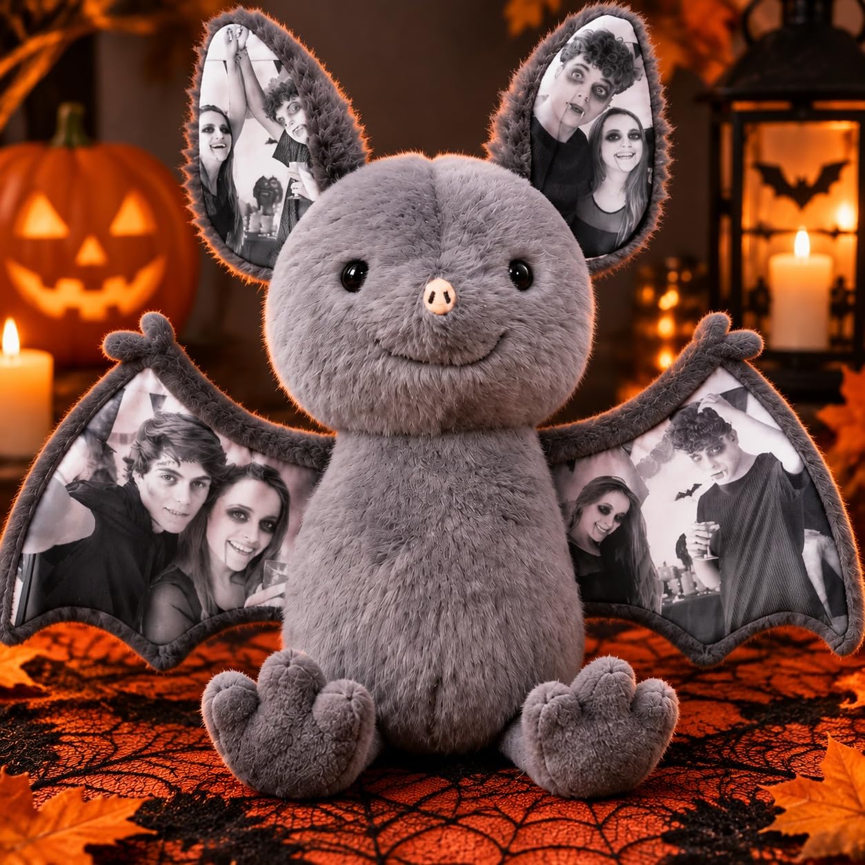 VEELU Personalised Halloween Photo Bat Plush Teddy Custom Picture Bat Plush Hidden Ear Personalised for Women Men Couple Friend