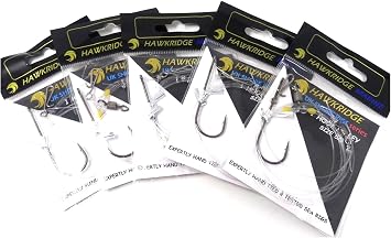 HAWKRIDGE RIG PRO SERIES - 5 Pack of Single 1 Hook PULLEY RIG available in sizes 3/0 or 5/0 Expertly tied Quality Ready Tied Rigs - Sea Surf Casting Fishing 80lb Main - 30lb or 50lb Snood