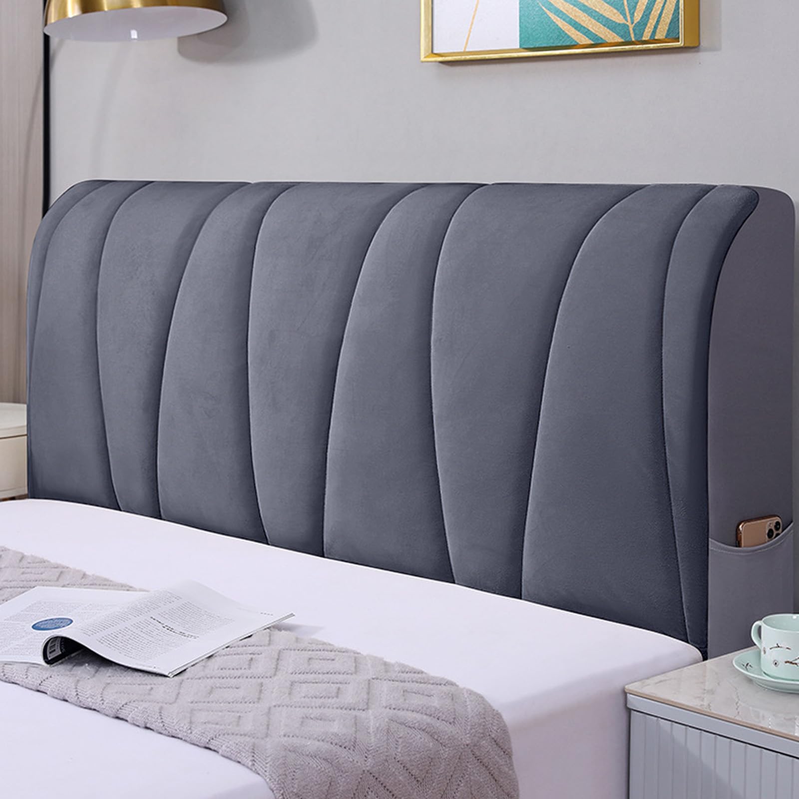 Funda de Cabeceros de Cama, Protectora de Cabeceros de Cama Elástica Suave, Lavable Cubierta de Cabecera de Camas de Terciopelo Elástico Antipolvo con Bolsillo Lateral (Gris, 180 cm)