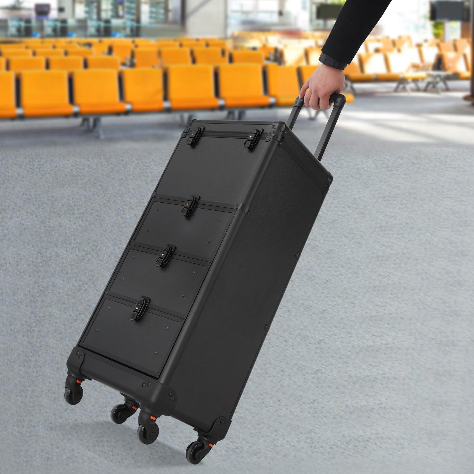 Valigetta per trucchi, a 4 ruote, con 3 cassetti, per trucchi, per trucchi, trucchi, colore nero
