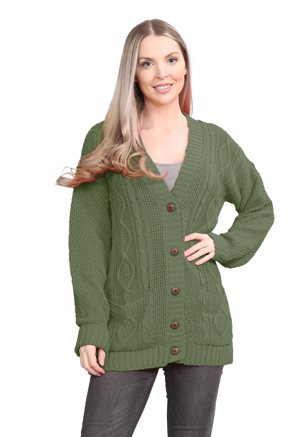 Janisramone Women's Khaki Janisramone® Long Sleeve Chunky Cardigans For Uk, V Neck Button Up Cable Knit Cardigans, Warm Winter Long Jumpers Top For Casual And Daily Knitwear Cardigan
