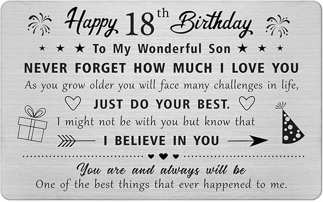 FALOGI Son 18th Birthday Card, Birthday Gifts for 18 Year Old Son, Metal Engraved Wallet Card