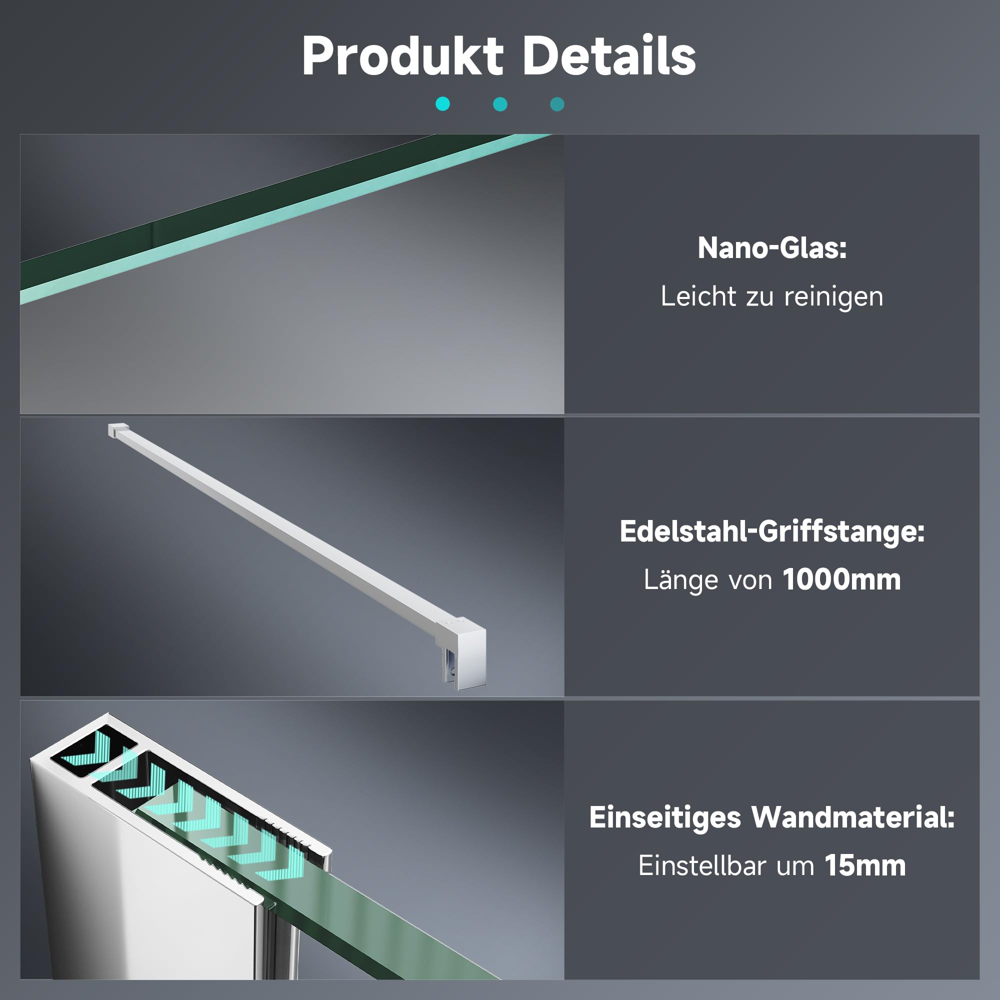 SONNI Walk in Box Doccia 110 x 200 cm, Parete Doccia Fissa in Cristallo 8mm, Vetro Trasparente Temperato Rivestimento Nano, Regolabile con Stabilizzatore