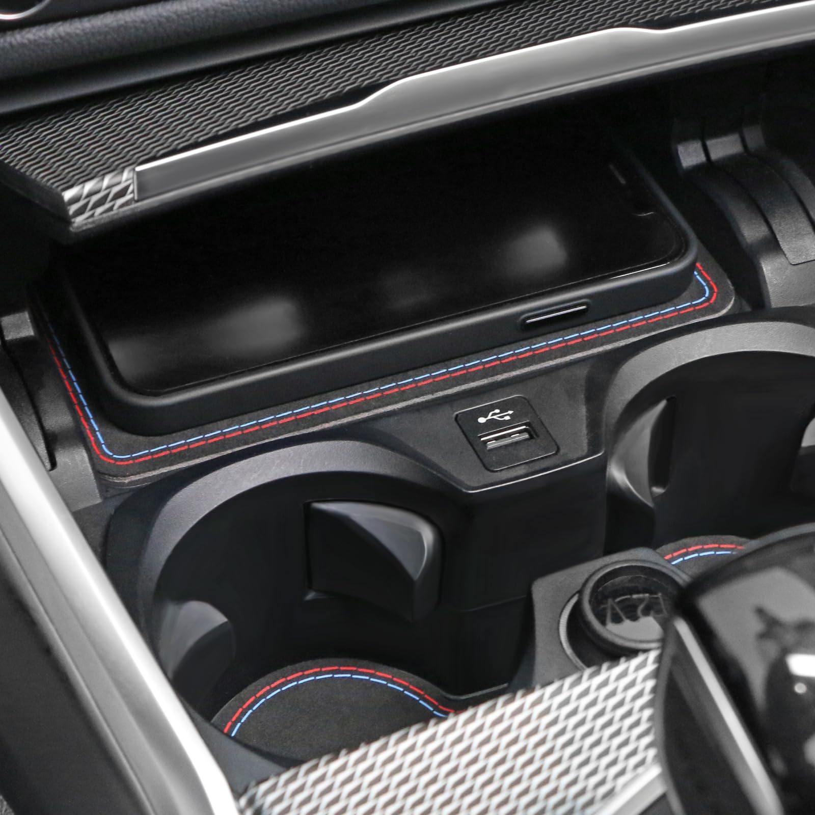 Getränkehalter-Untersetzer Für BMW 3er/4er - Karbonleder Mit Roten Nähten