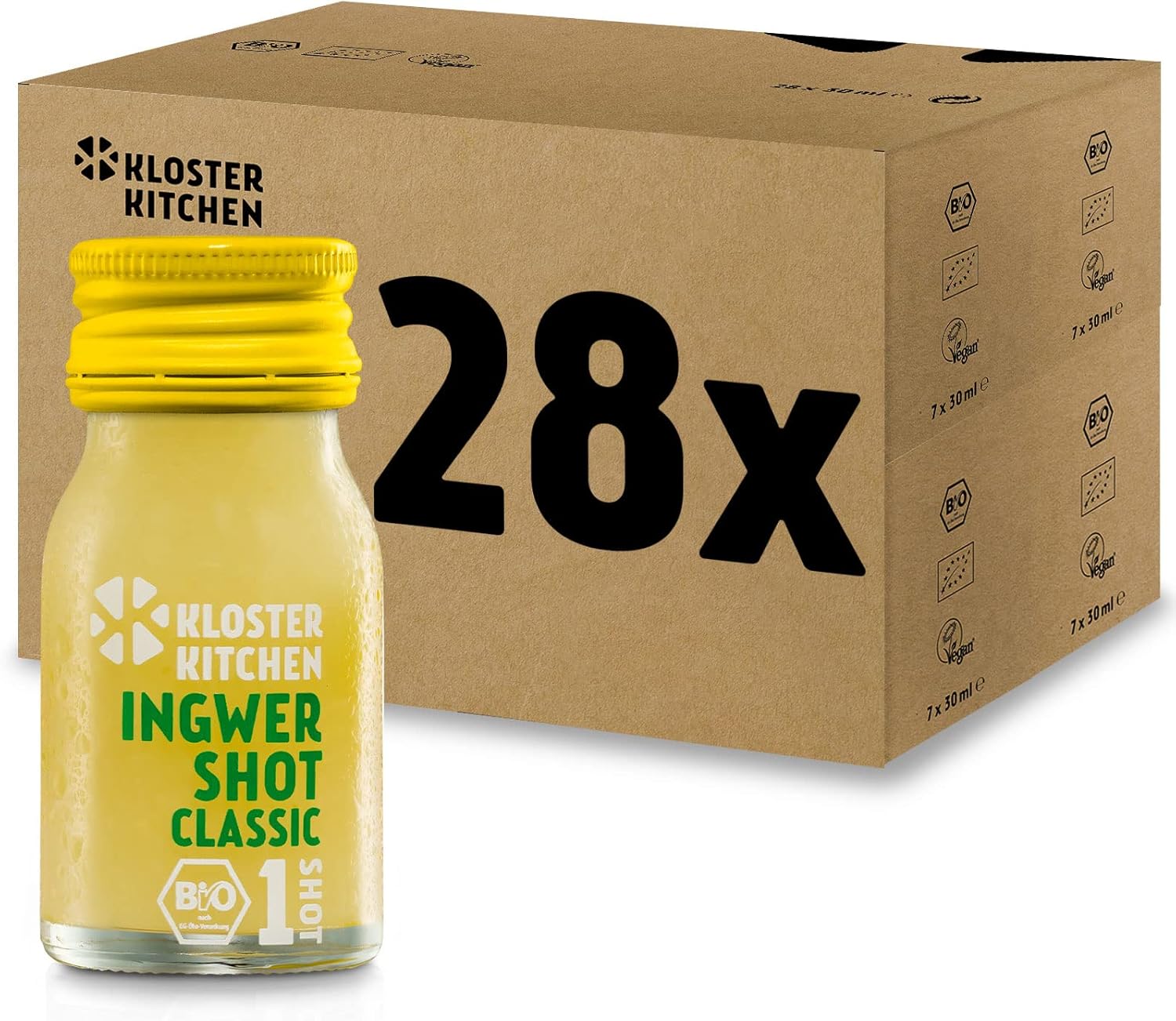 Kloster Kitchen JengibreTRINK Shot - Premiados shots de jengibre, 28 botellas de vidrio de 30 ml, con trozos de jengibre orgánico y vegano
