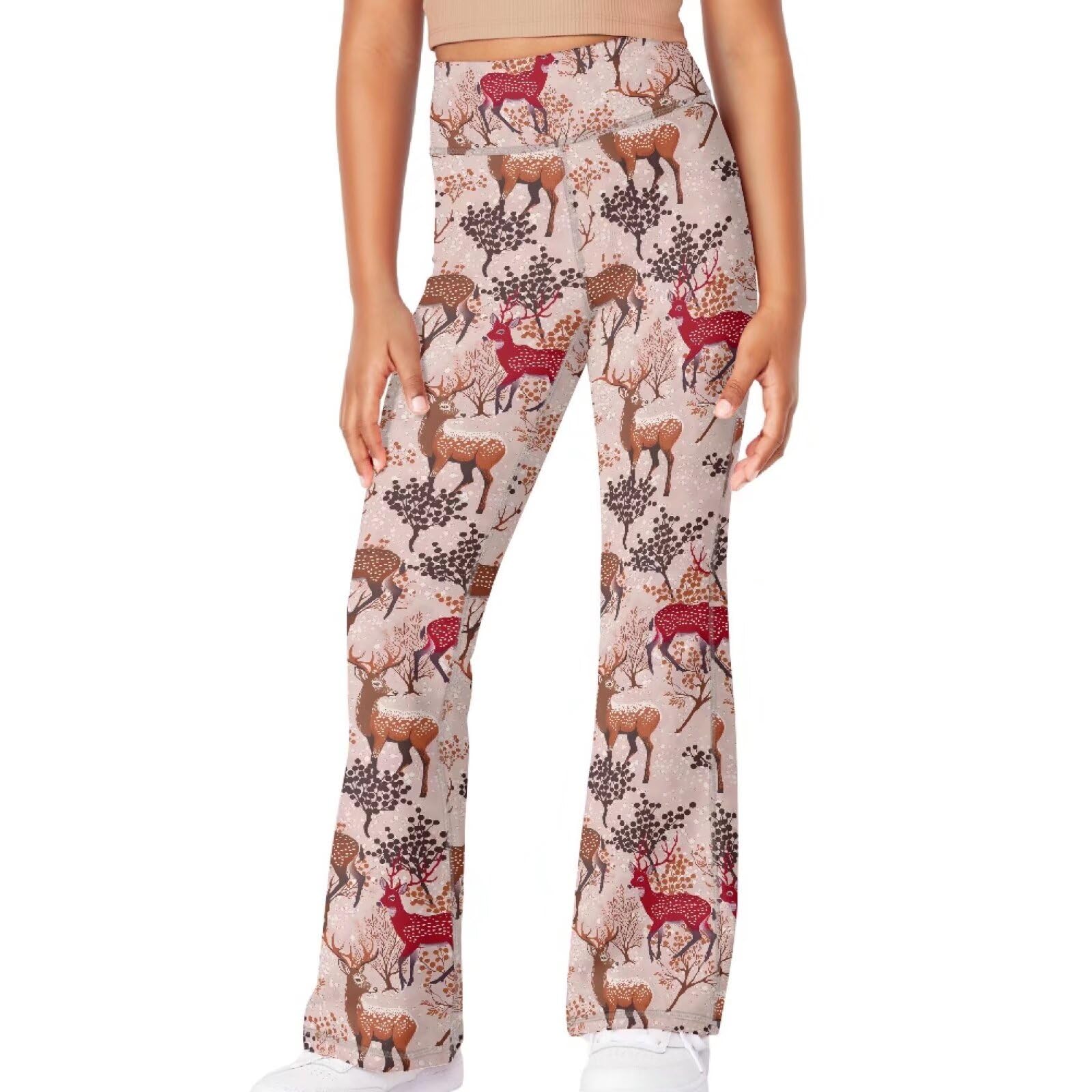 Yzaoxia Deer Bell Bottom Leggings for Girls Flare Yoga Pants Size 13-14 Tree Stretchy Gym Legging High Waisted Bootcut Pant Pink Long Workout Activewear Athletic Running Clothing Tummy Control