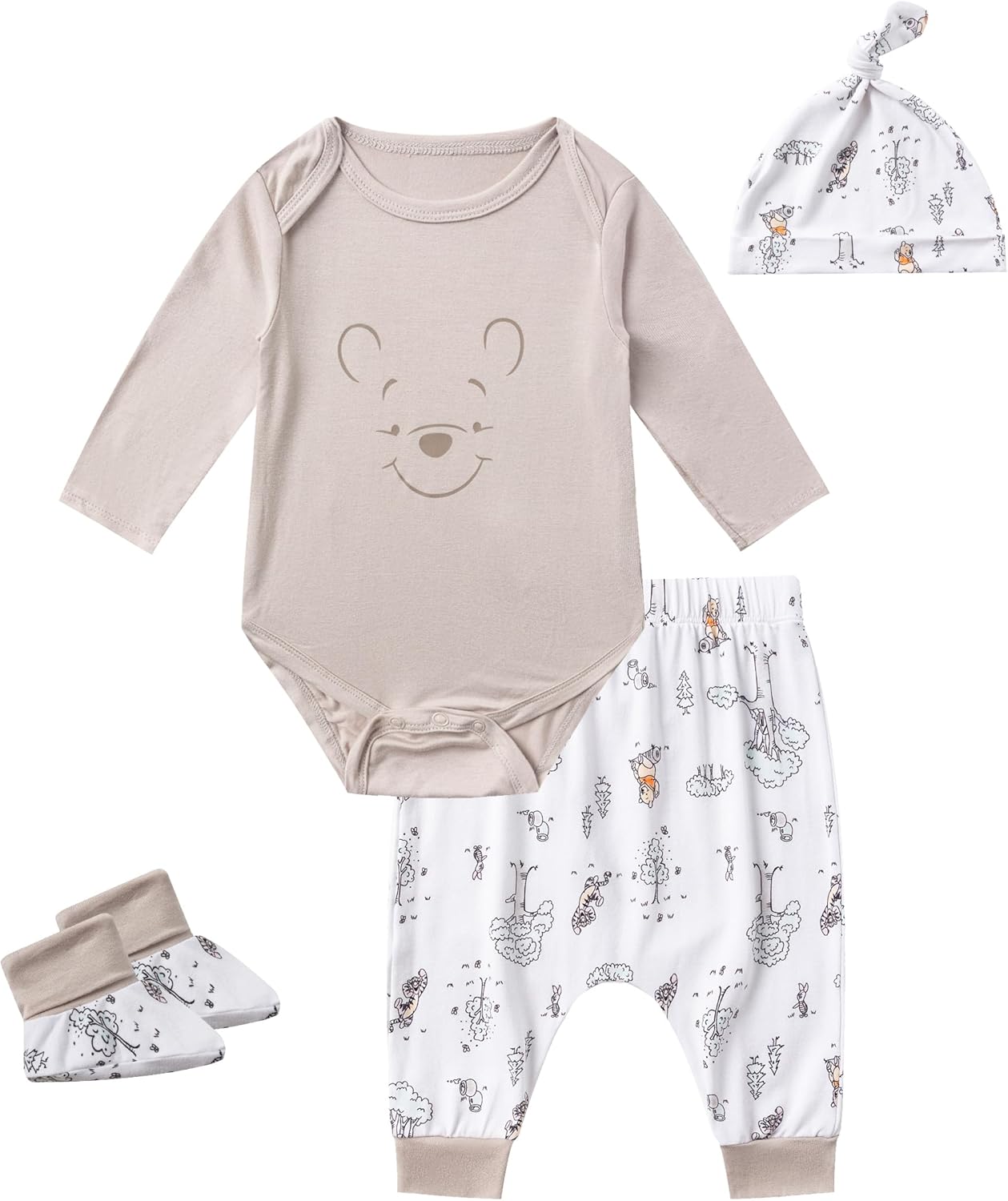 Disney Winnie the Pooh Baby Boys 4 Pack Bamboo Viscose Long Sleeve Bodysuit with Booties, Hat, and Pants Set for Infant