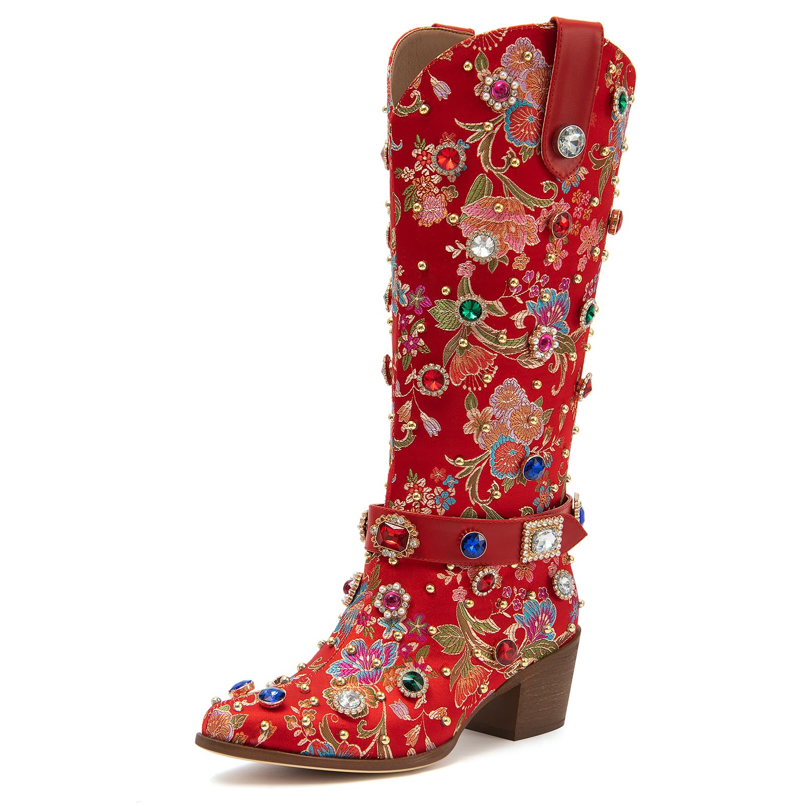 Womens Cowboy Boots Rhinestone Sparkly Cowgirl Embroidered Floral Knee-high chunky heeled boots