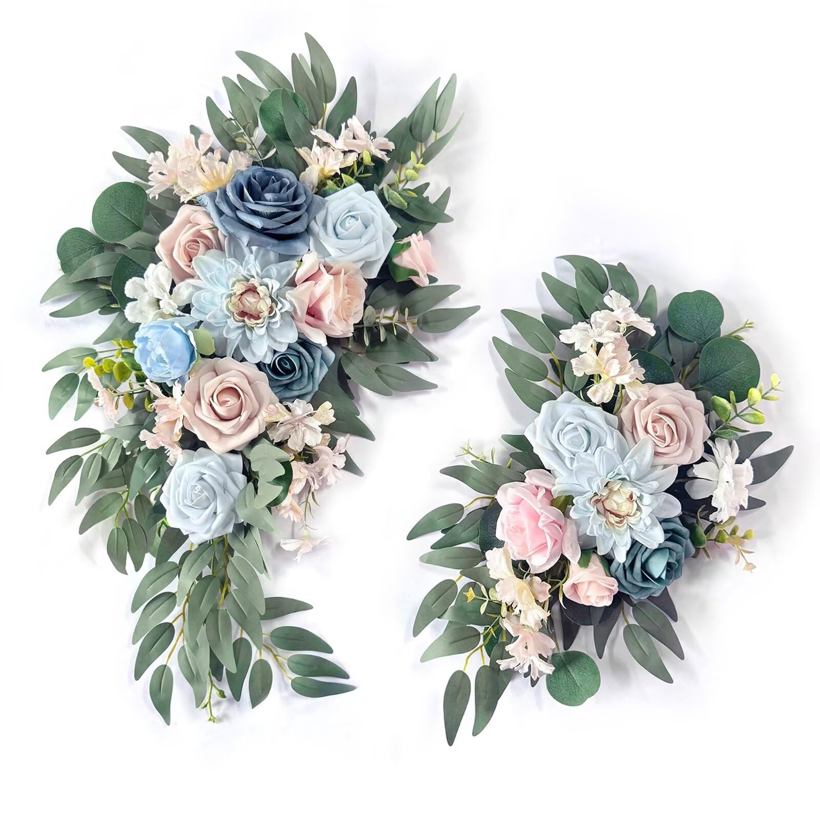 Künstliche Blumengirlande, Hochzeits-Willkommensschild, Blumengirlande, blau-rosa Blumen für Hintergrund, Dekoration, Hochzeitsbogen, Blumenarrangements, Zeremonie und Empfangsdekoration