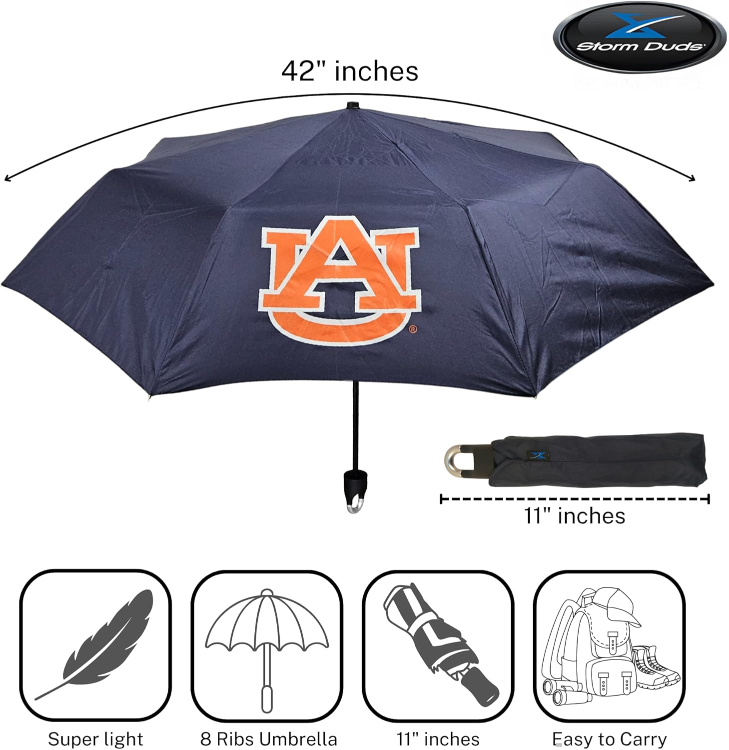 Storm Duds Mini Compact Storm Umbrella - NCAA Logo 42” Coverage, Folds to 11 Inches- Swivel Clip on Handle - Water, Wind & Rust Resistant, and Flexible Frame