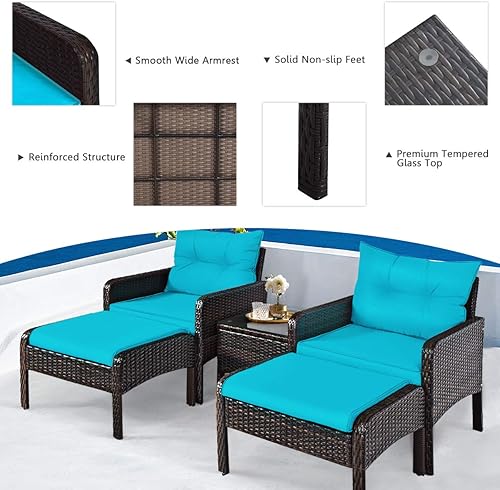 Miniatura 6 de HAPPYGRILL Juego de muebles de patio de 5 piezas para exteriores, juego de conversación de mimbre de ratán con mesa auxiliar, sofás acolchados y