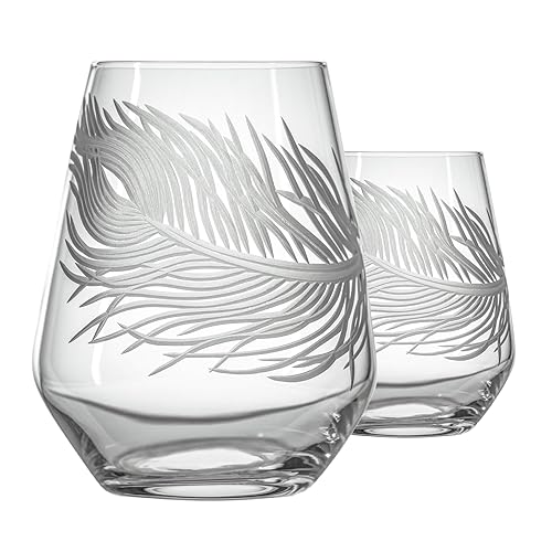Rolf Glass Peacock 18 Ounce Stemless Wine Tumbler Set of 2 | Lead-Free | Stemless Wine Tumbler | Great for any beverages