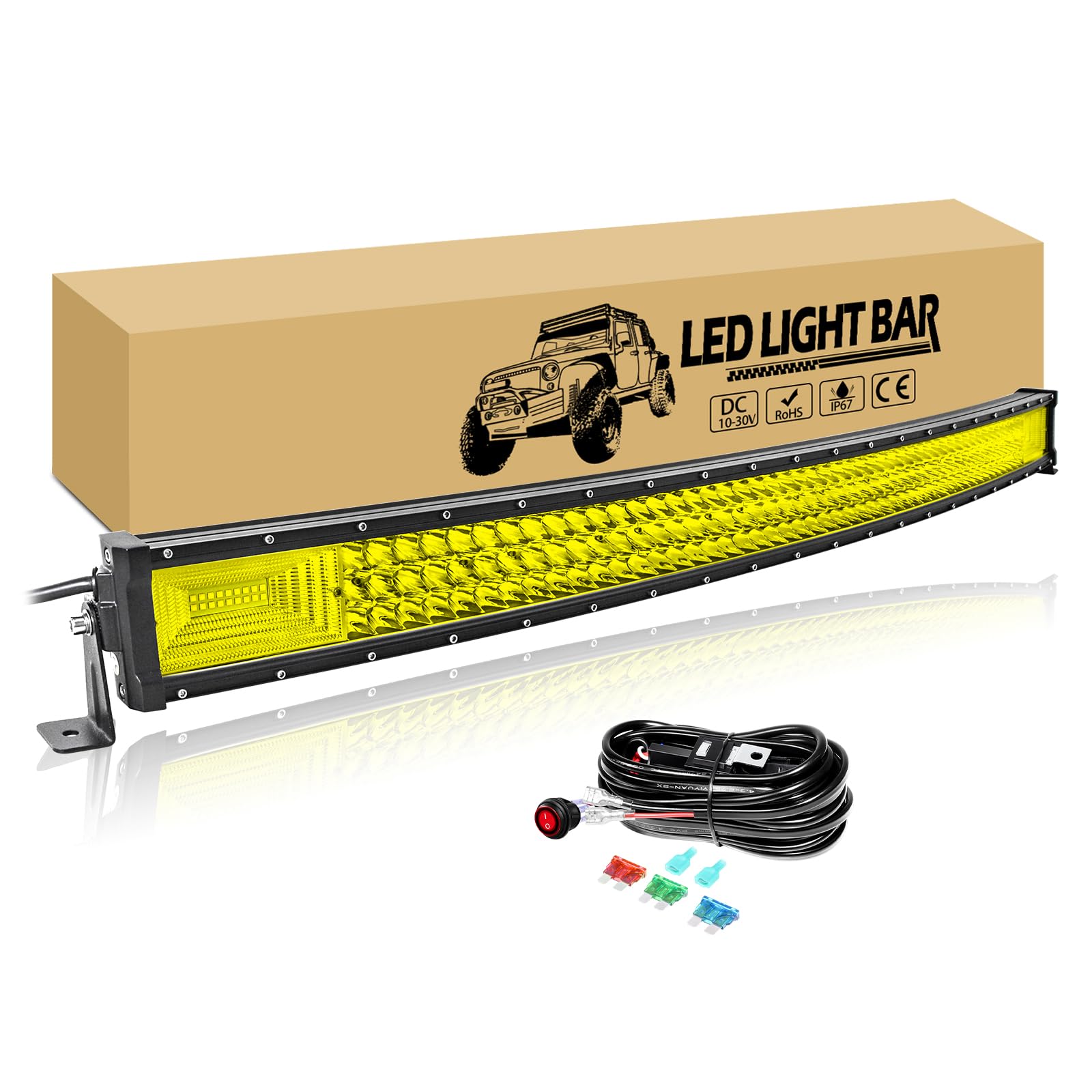RIGIDON Zakrzywiona listwa świetlna LED do samochodów z wiązką przewodów 12 V, 105 cm, 540 W, reflektor roboczy LED, wodoszczelny, do samochodów typu SUV ATV, UTV, ciężarówki, 4 x 4, 3000 K, żółta