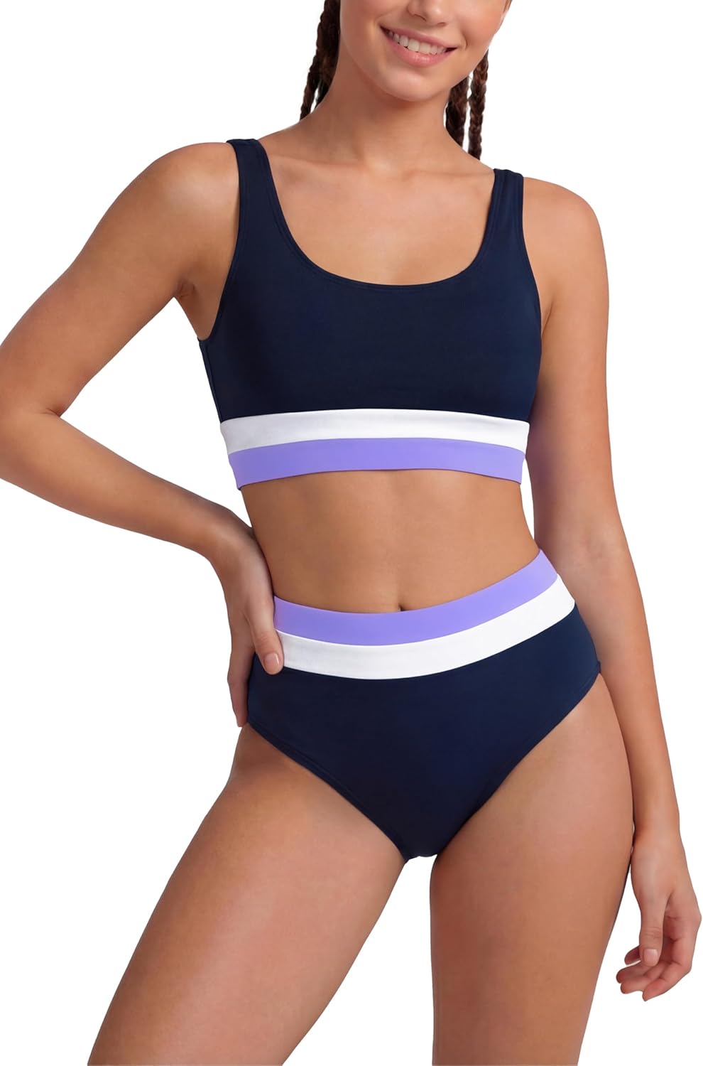 Period Swimwear Menstrual Swimsuit Leakproof Color Block Bikini Sets High Waisted Athletic Bathing Suit for Teen Girl