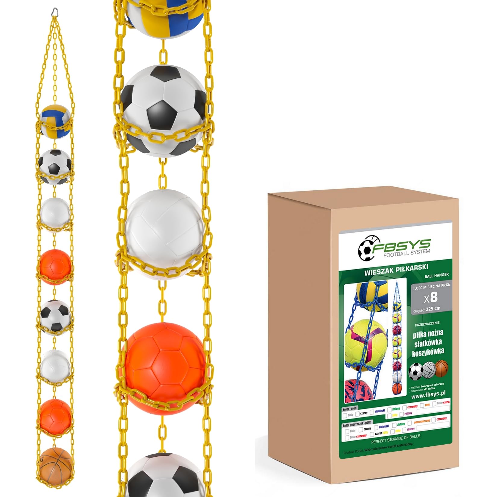 Ballhalter - 8 Bälle Aufhänger (Basketball, Fußball, Volleyball) - Organizer - Ballnetz - GELB