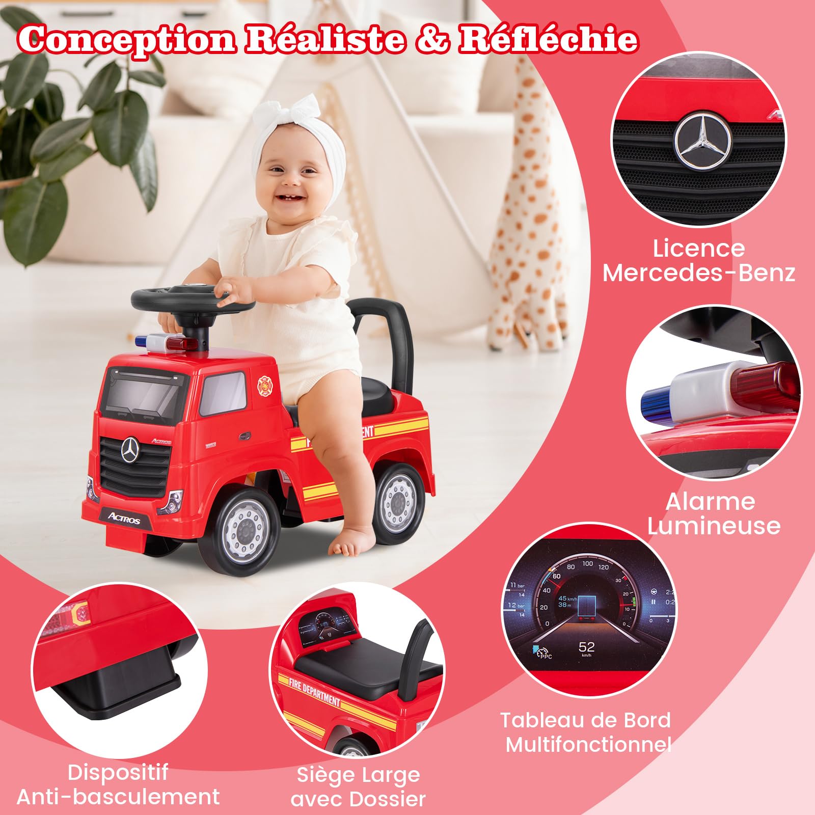 GOPLUS Camion de Pompier Pousse-Pousse Enfants, Porteur Bebe Mercedes-Benz,Trotteur Marcheur avec Dossier, Klaxon et Musique, Charge 23KG, pour 2-6 Ans,48,8 x 24,4 x 35,3 CM