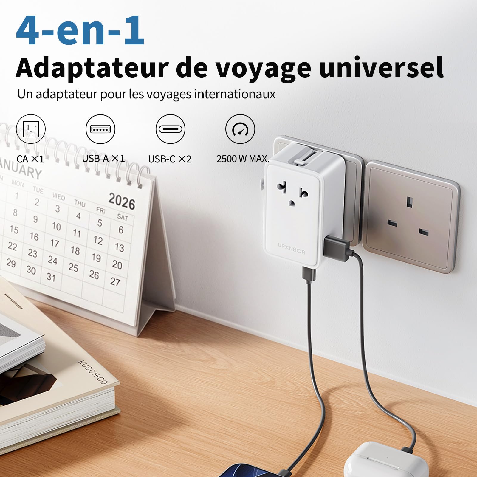 Nowość 2026 ultrapłaski adapter podróżny na całym świecie, uniwersalny adapter podróżny z 1 USB-A i 2 USB-C, kompaktowy adapter do USA, UK, Anglii, Japonii, Tajlandii i Australii