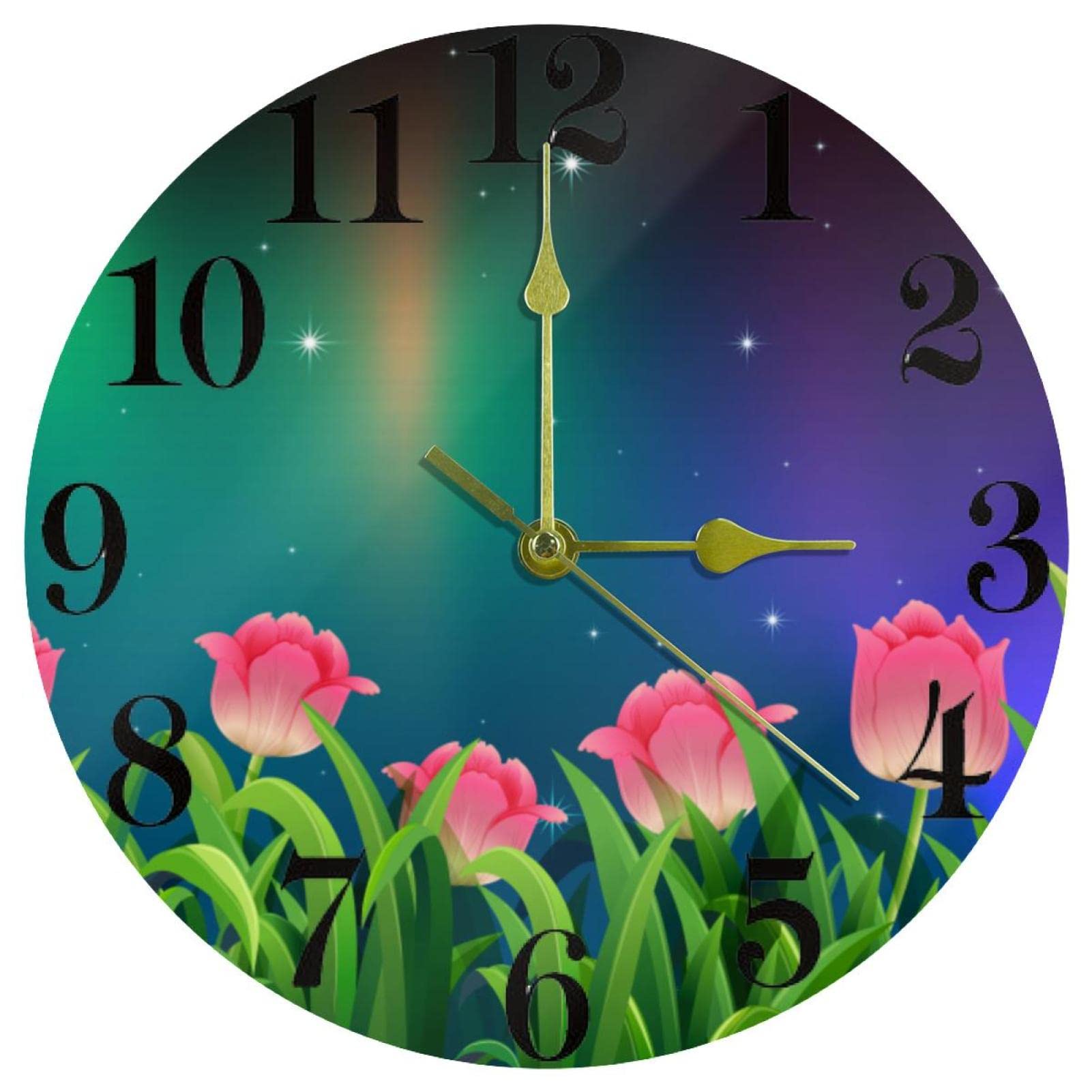 Horloge murale tulipes roses sans tic-tac, l'ambiance apaisante idéale pour la cuisine ou le bureau