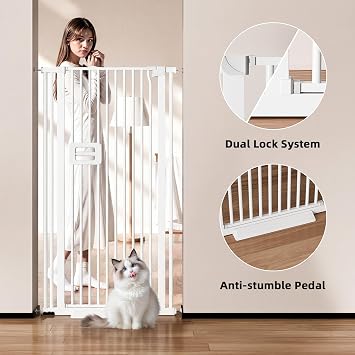 140CM Gate Extra Tall Pet Gate, 82-89CM Wide Cat Dog Gate for Doorways& Stairs, Tall Cat Gate Metal Walk Through Auto Close 3.5CM Narrow Gap, Pressure Mounted No Drilling, White