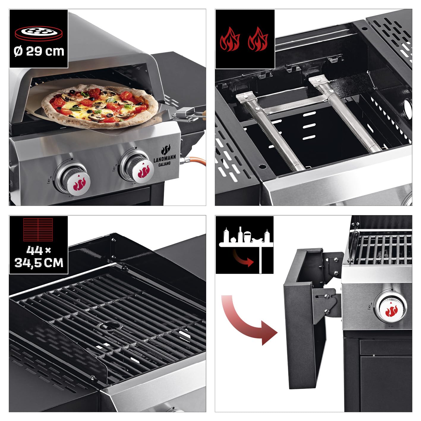 LANDMANN | Barbecue à gaz 2 en 1 avec support à pizza et grille en fonte | Pour pizza et aliments à griller | 2 brûleurs en acier inoxydable | Pierre à pizza (environ Ø 29 cm) | 2-3 personnes |