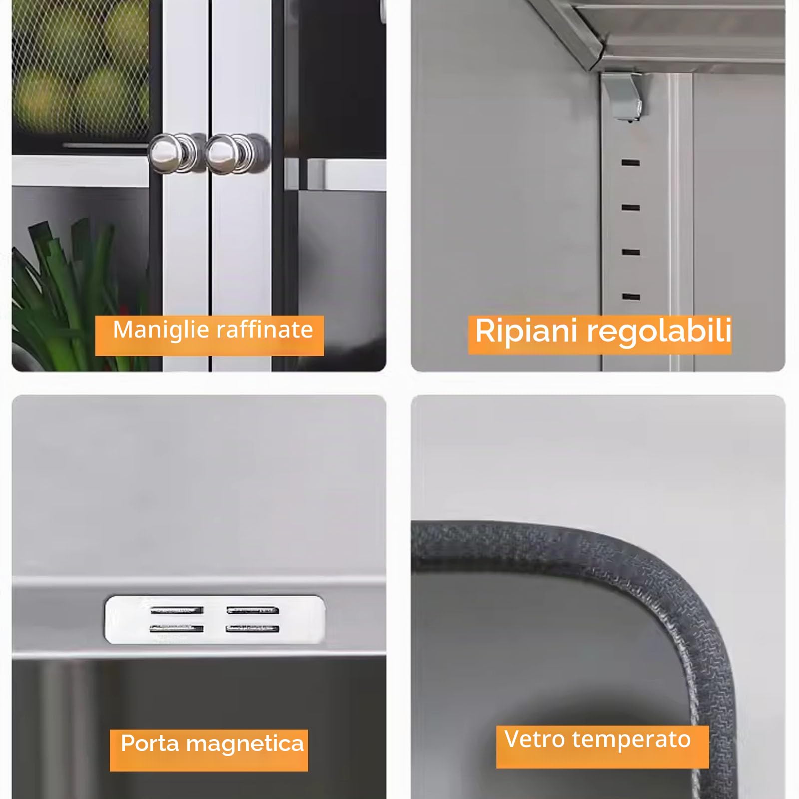 Armadio dispensa in acciaio inox con porta in vetro, ripiani regolabili e ruote per sala da pranzo, soggiorno, lavanderia, 1060 x 600 x 400 mm