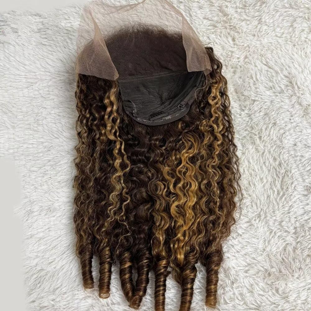 Ombre Dark Brown Mix Honey Blonde Highlight Burmese Curly Human Hair HD Lace Wig 12A 13X4 HD Transparent Lace Front Wigs Pre Plucked with Bleached Knots 180% Density Deep Wave Baby Hair 14Inch