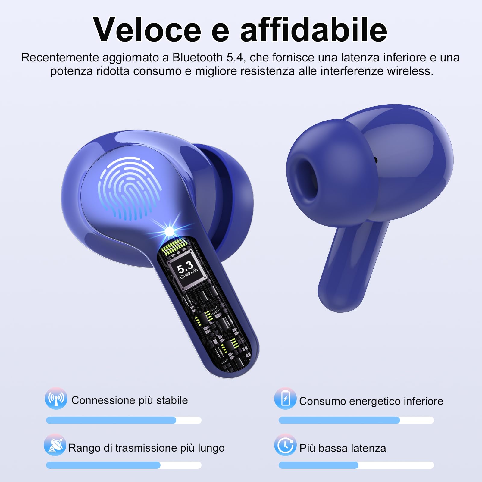Cuffie Bluetooth, Auricolari Bluetooth 5.3 Stereo HiFi con 4 HD Mic, Cuffie Wireless In Ear ENC Cancellazione Rumore, 40 Ore LED Display Touch Control, Cuffiette Bluetooth IP7 Impermeabili, Blu scuro