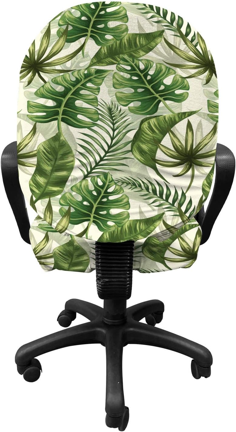 Lunarable Tropical Office Chair Slipcover, Rainforest Island Jungle Foliage Pattern Green Leaves Retro Nature, Protective Stretch Decorative Fabric Cover, Green Olive Green Cream