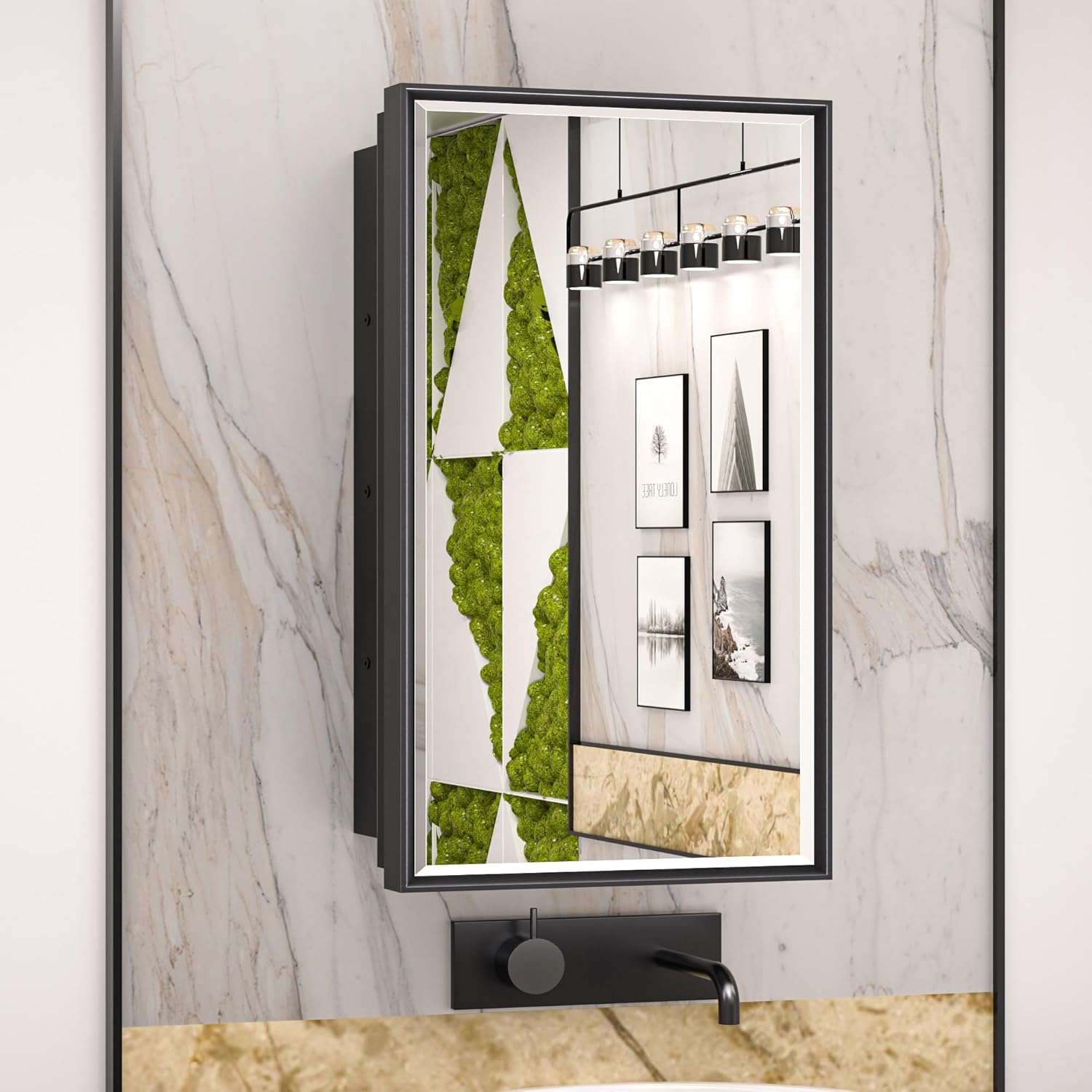 Keonjinn 14" x 24" Black Medicine Cabinets for Bathroom with Mirror, Recessed or Surface Wall-Mounted Aluminum Alloy Framed Beveled Mirror, Single Door Farmhouse Bathroom Mirror with Storage Cabinet