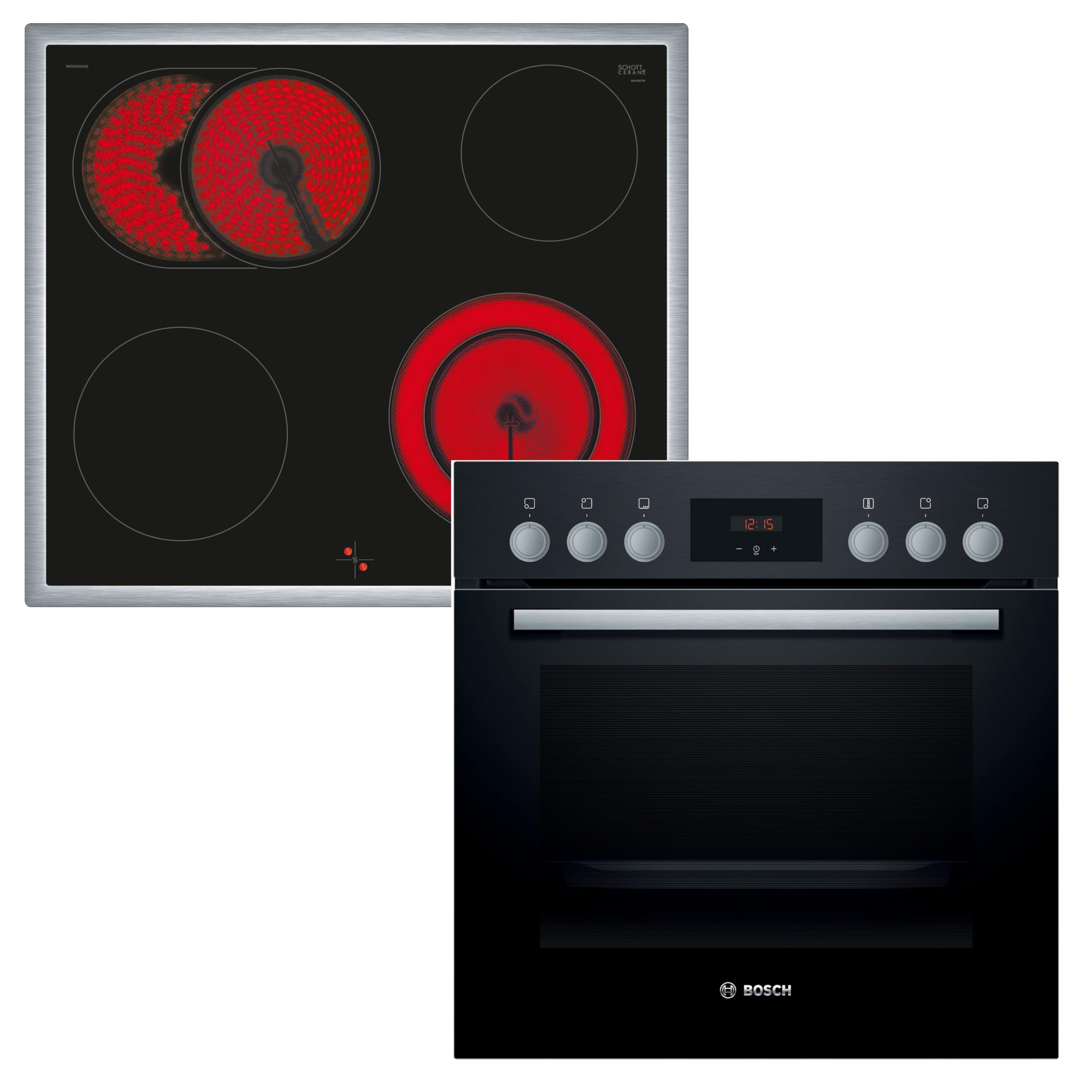 Bosch HND211LB1, Einbauherd-Set, Bestehend aus HEF113BA0 Herd, 60 x 60 cm, 3D Heißluft, LED Display & NKN645GA2E Elektrokochfeld, Erweiterbare Bräterzone, Restwärmeanzeige, Edelstahlrahmen