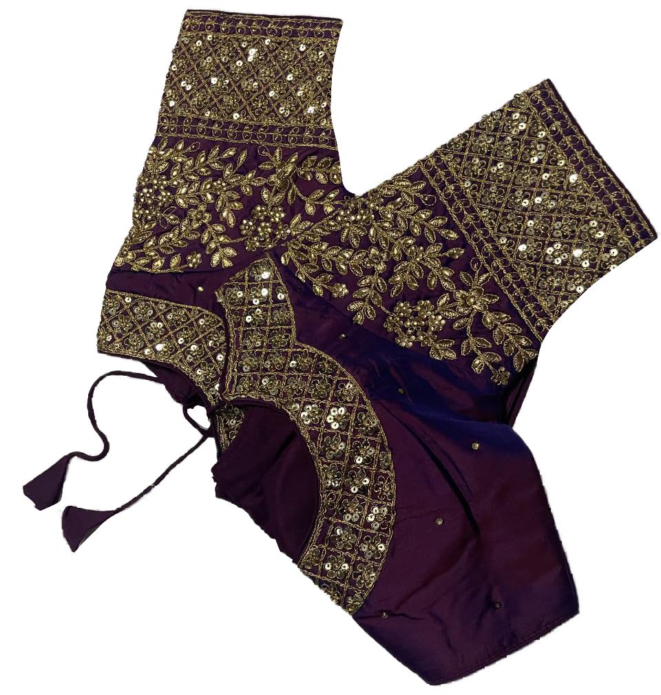Pujia Mills Women's Heavy Embroidery Coding With Sequins Work Half Sleeves Fancy Readymade Saree Blouse (Wine, 38)
